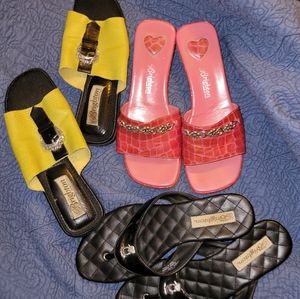 Three pairs of Brighton shoes. Black, lime, and pink.
